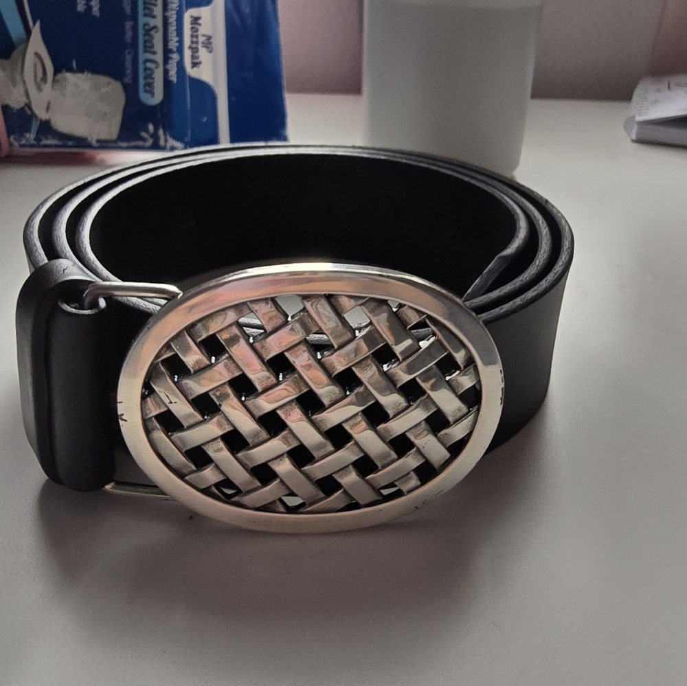 Leather Belt Woven Geometric Buckle